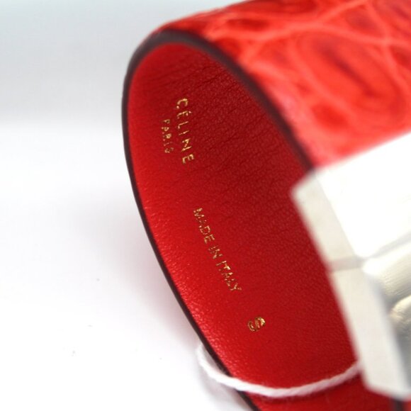 CELINE Manchette Silver Cuff Bracelet Red Python Embossed Leather S NEW Italy - Picture 6 of 7